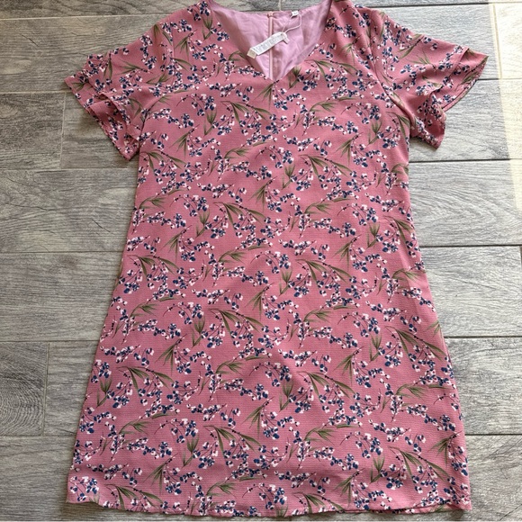 Dresses & Skirts - Women’s Large Floral Dress Pink V Neck Mini‎ Short Sleeve Spring Summer Lined